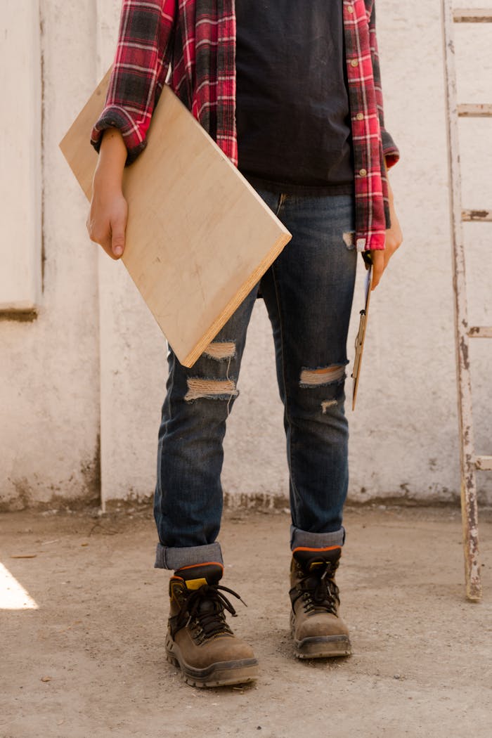 about-01 Woman wearing plaid shirt and work boots in a workshop, holding a wooden board.